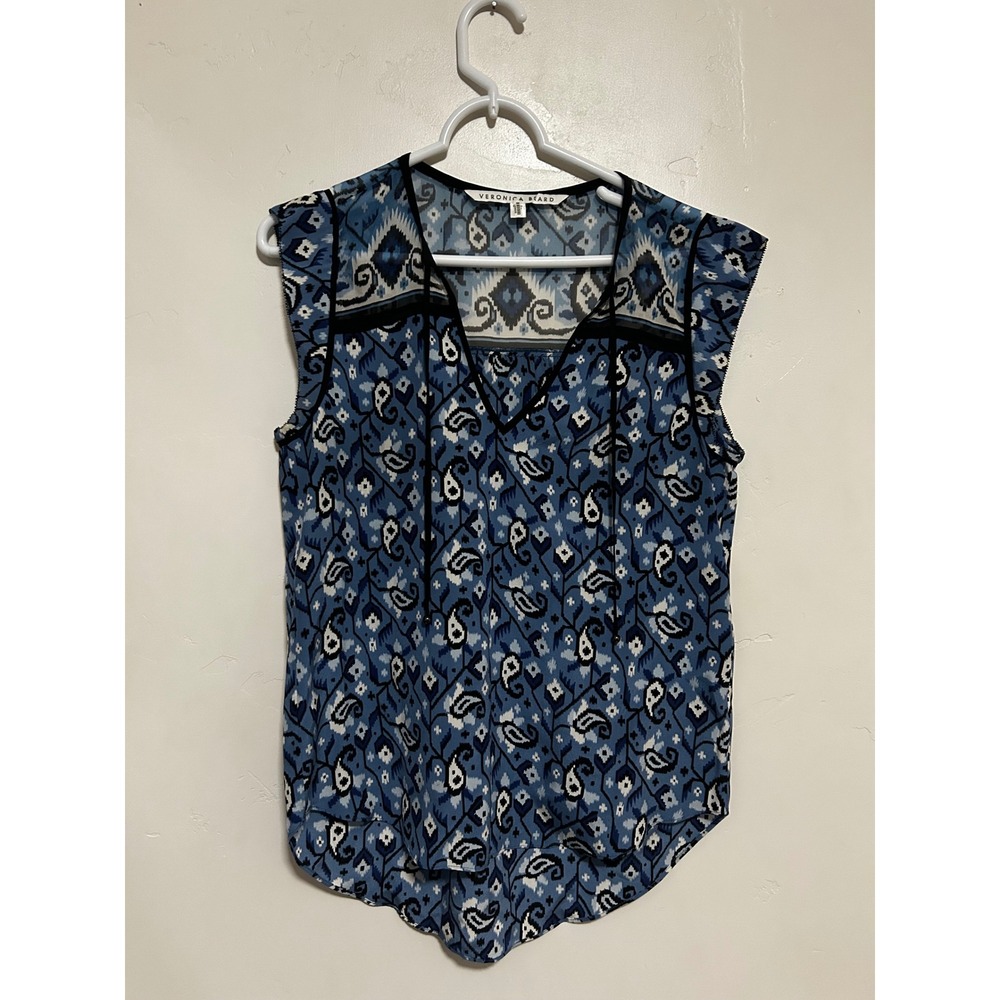 Veronica Beard Blue Silk Ikat Paisley Sleeveless Tie Neck Blouse Top Size M